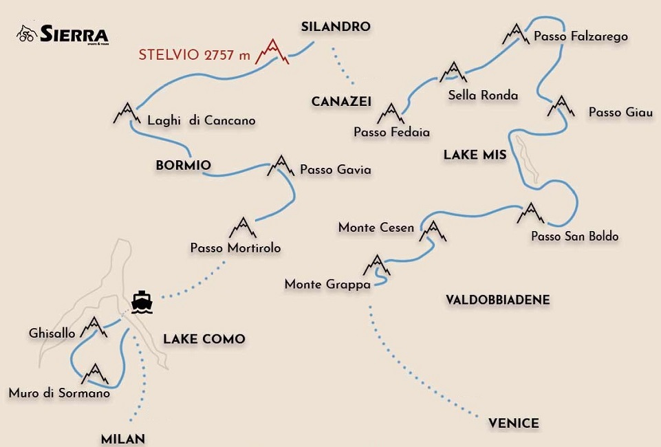 Italian Alps road cycling map from Venice to Milan via Lake Como