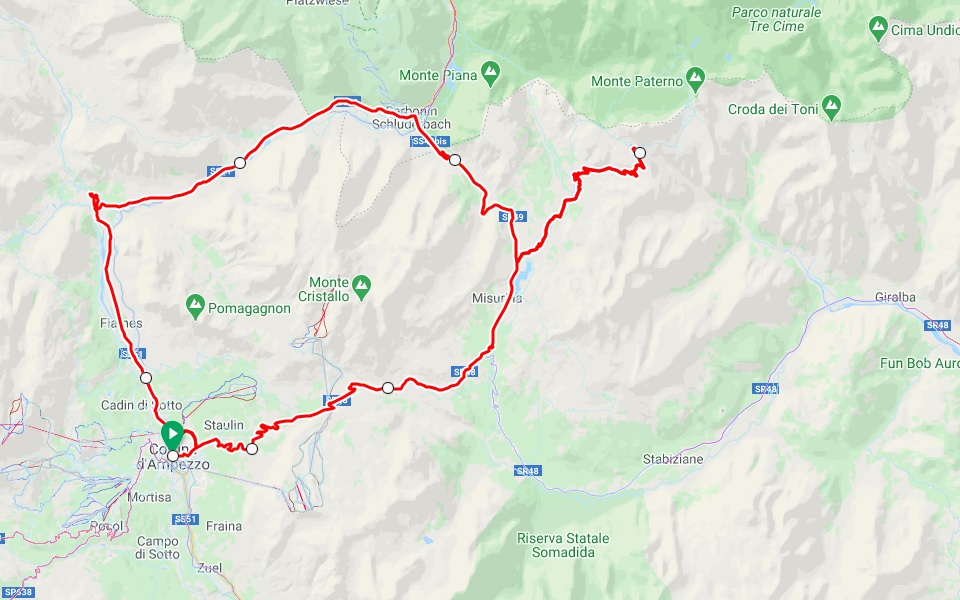 A road cycling loop ride around Cortina d'Ampezzo in the Dolomites