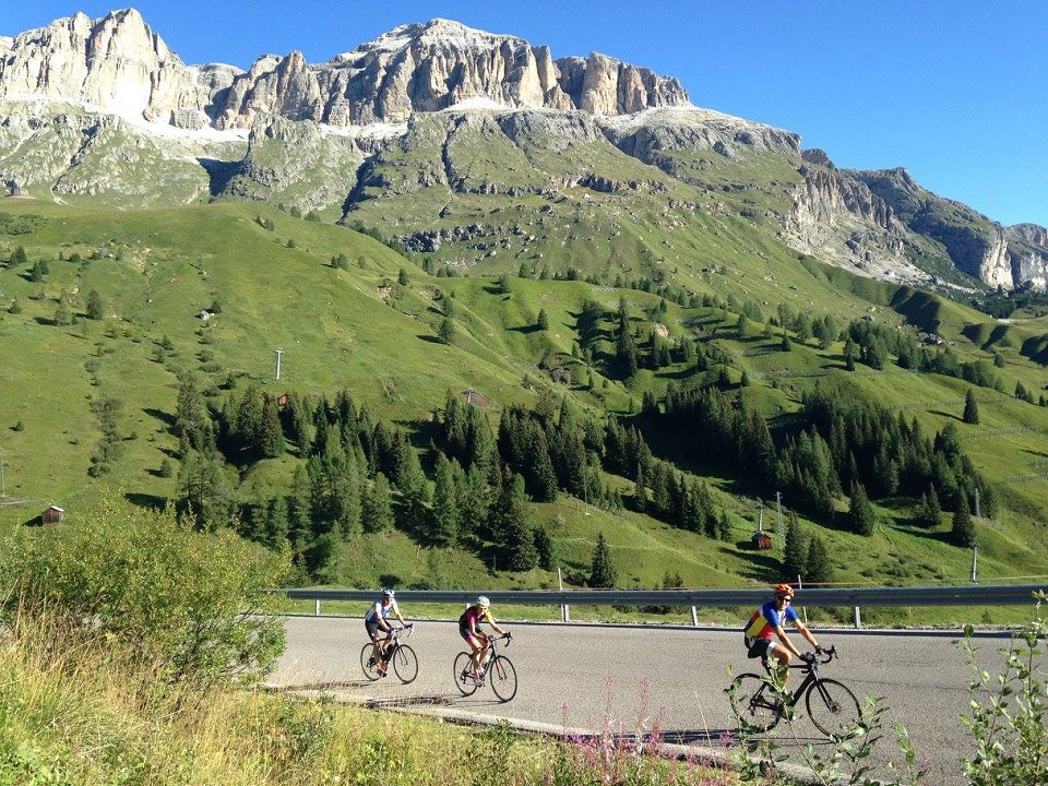 The limestone cliffs on Passo Pordoi our first climb on the Sella Ronda cycling loop