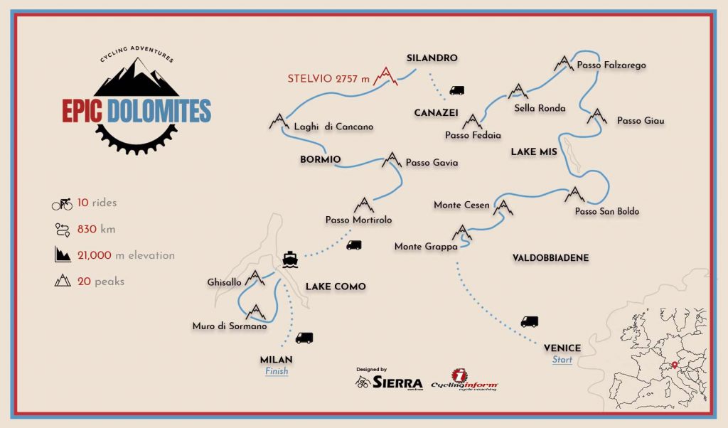 Italian Alps cycling map including the Dolomites, Stelvio and Lake Como