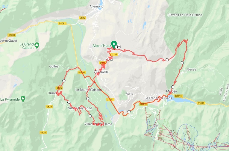 Alpe d'Huez and Col de la Sarenne road cycling map
