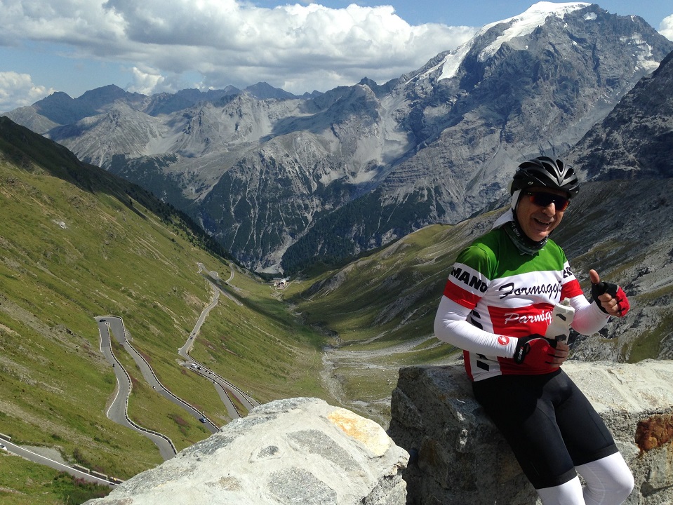 Taking time out on the Stelvio Pass to enjoy the switchback views